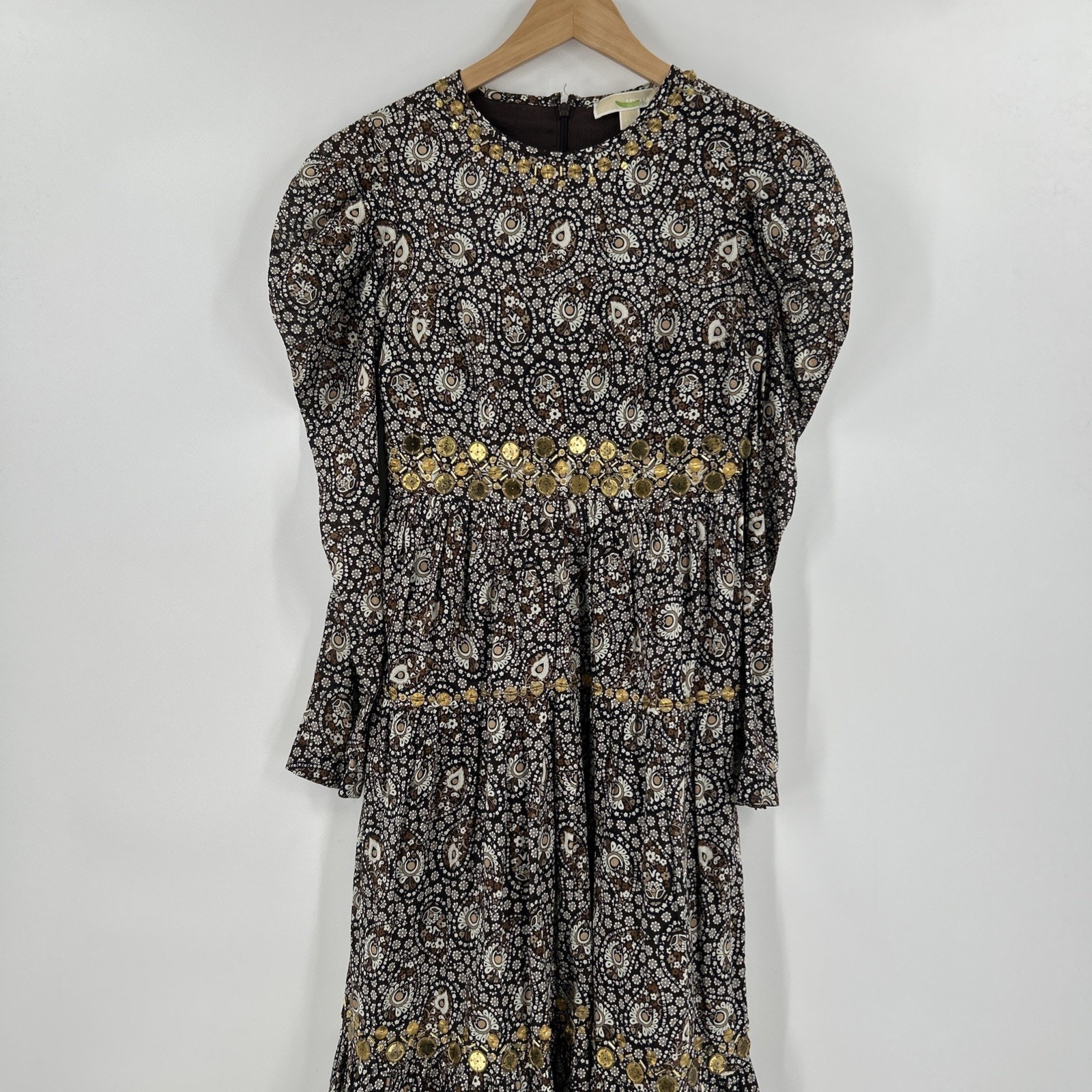 Michael Kors Paisley Midi Dress Womens Size Xxs Cotton Brown Sequin Bohemian